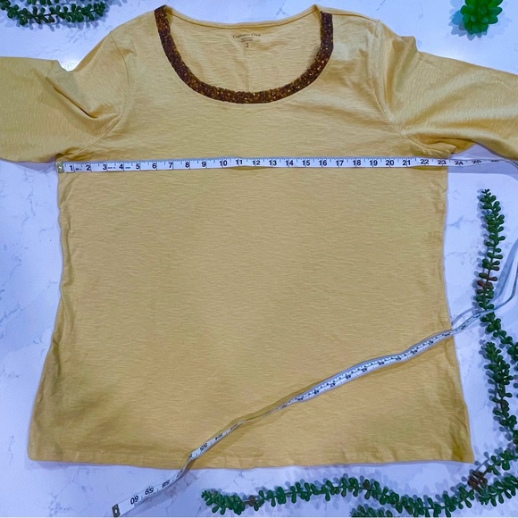 Coldwater Creek Heather Yellow 3/4 Sleeve Cotton Shirt with Brown Sequin Collar - Picture 6 of 10